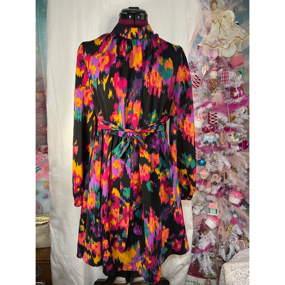 SHEIN Curve Mini Dress Women 1XL Multi Good Abstract‎ High Neck Tie Waist Retro